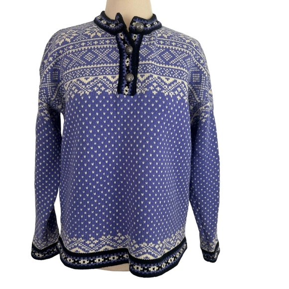 LL BEAN M Vintage Merino Wool Purple SWEATER Button Nordic Snowflake Fair Isle - Picture 2 of 13